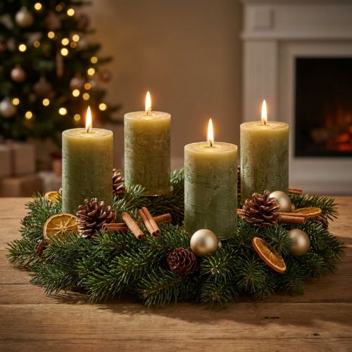 Jednofarebné olivovozelené stĺpové sviečky 60 × 80 mm, balenie 4 kusov, na dekoráciu a advent | Floristik24.sk