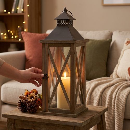 Dekoračný lampáš drevený vintage drevený lampáš hnedý 17×17×50cm | Floristik24.sk