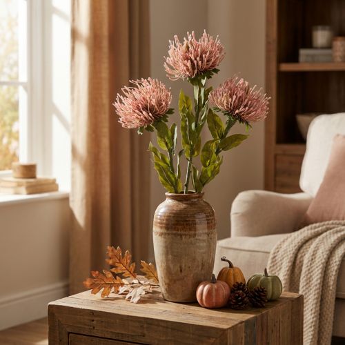 Článok Jesenný kvetinový ihelníček umelý Protea Rosa Leucospermum 73cm 3ks