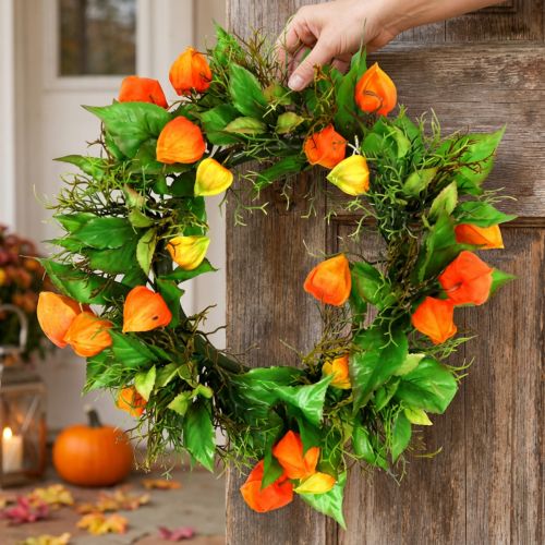 Umelý veniec z Physalis, oranžový a zelený, Ø28cm, jesenná dekorácia | Floristik24.sk