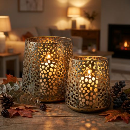 Veterná lampa zlatá Ø14/20,5cm H14,5/19,5cm sada 2 kusov | Floristik24.sk