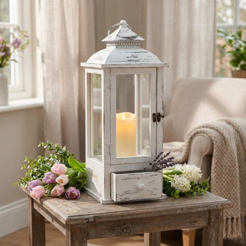 Dekoračný lampáš vintage so zásuvkou biela 20×20cm V51cm | Floristik24.sk