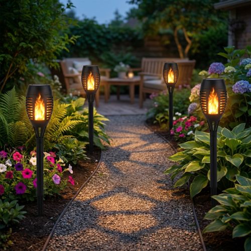 Článok LED solárne baterky do záhrady, efekt plameňa, balkón, V38 cm, 4 kusy