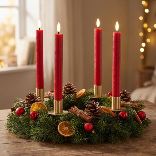 Článok LED sviečka, červená s teplým bielym svetlom, 24 cm, 2 kusy