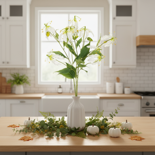 Umelý kvet Gloriosa, biely a žltý, elegantná kvitnúca vetvička na dekoráciu, 80 cm, 3 kusy | Floristik24.sk