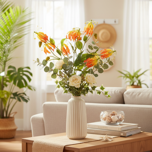 Umelý kvet Gloriosa oranžovej farby s dlhými stonkami do vázy 80 cm 3 ks | Floristik24.sk