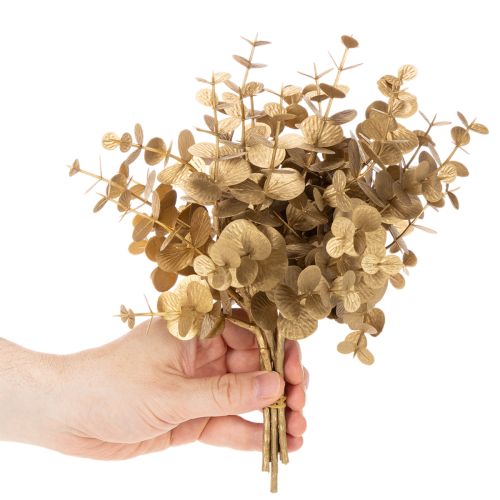 Umelý eukalyptus, zlatá ozdobná vetvička na dekoráciu stola, 24 cm | Floristik24.sk