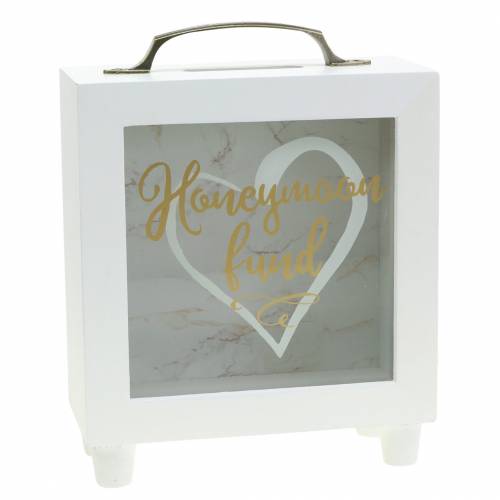 Floristik24 Svadobná pokladnička &quot;Honeymoon Fund&quot; drevená so skleneným čelom Biela H15m