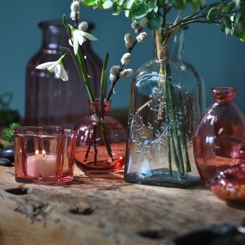 položky Sklenená váza na kvety retro ružová tónovaná Ø11cm V14,5cm 2ks