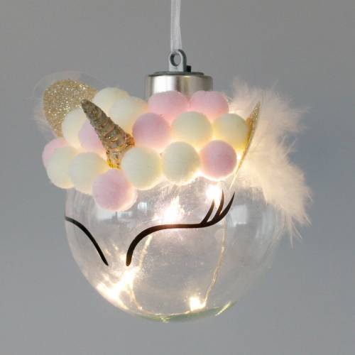 položky Vianočný stromček guľa jednorožec s LED svetelnou reťazou cukríkové farby, priehľadné sklo, brmbolce Ø8cm Na batérie