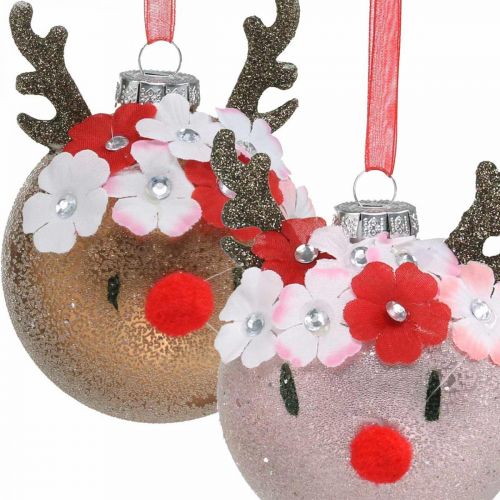 položky Vianočná guľa na stromček, sob s kvetinovým vencom, adventná dekorácia, ozdoba na stromček hnedá, ružové pravé sklo Ø8cm 2ks