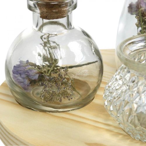 položky Váza sada na drevenom podnose, stolová dekorácia so sušenými kvetmi, lampáš prírodný, priehľadný Ø18cm
