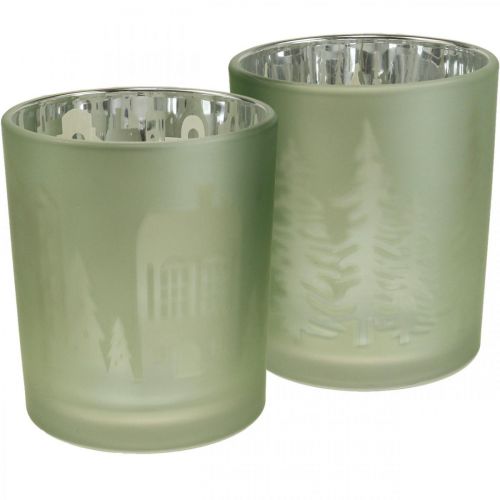 Floristik24 Lampióny, svietnik na čajové sviečky sklenené vianočné zelené Ø7cm 2ks