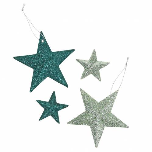 Floristik24 Súprava trblietavých hviezd deco vešiak a rozptylová dekorácia smaragdová, svetlozelená 9cm/5cm 18 kusov