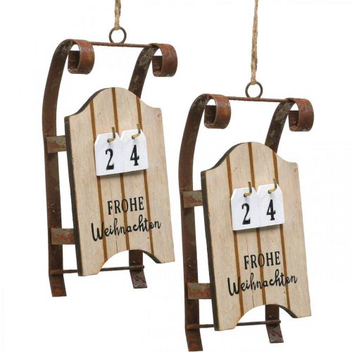 Ozdobné sane drevené kalendáre adventné hrdza L14,5cm 2ks