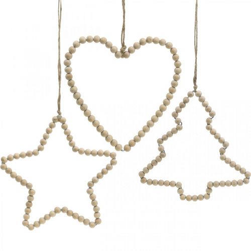 Floristik24 Deko vešiak vianočné drevené korálky srdce hviezda stromček V16cm 3ks