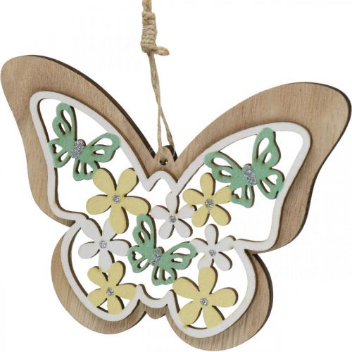 položky Motýľ na zavesenie, drevený prívesok kvet, jarná dekorácia s trblietkami V11/14,5cm 4ks