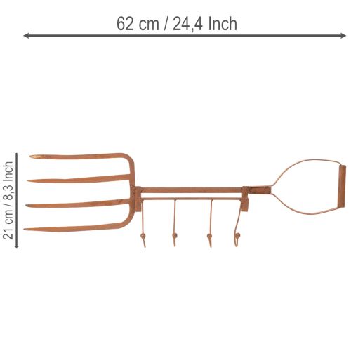 Hrdzavá kovová tyč na háčiky, ozdobné vidly na seno, záhradná dekorácia, 4 háčiky, 62 cm | Floristik24.sk