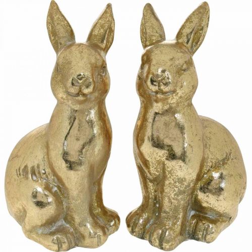 Floristik24 Dekoračný zajačik zlatý sediaci, zajačik na ozdobenie, pár veľkonočných zajačikov, V16,5cm 2ks