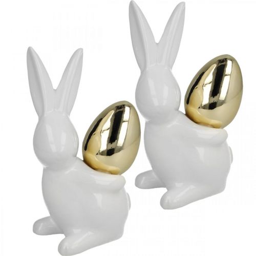 Floristik24 Králiky so zlatým vajíčkom, keramické králiky na Veľkú noc ušľachtilé biele, zlaté V13cm 2ks