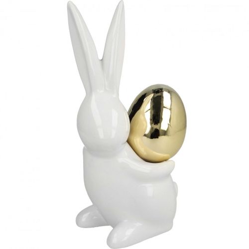 Veľkonočné zajačiky elegantné, keramické zajačiky so zlatým vajíčkom, veľkonočná dekorácia biela, zlatá V18cm 2ks