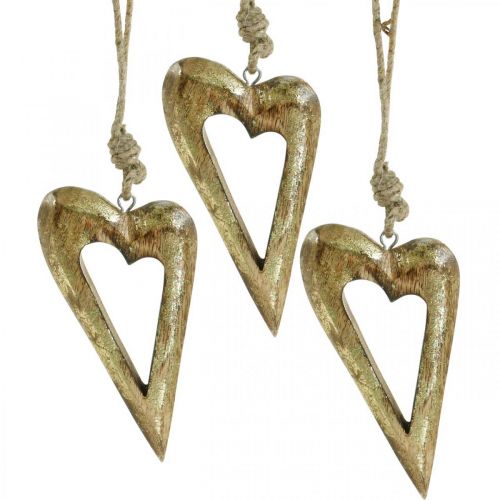 Floristik24 Ozdobné srdce, mangové drevo zlatý efekt, drevená dekorácia na zavesenie 13,5cm × 7cm 4ks