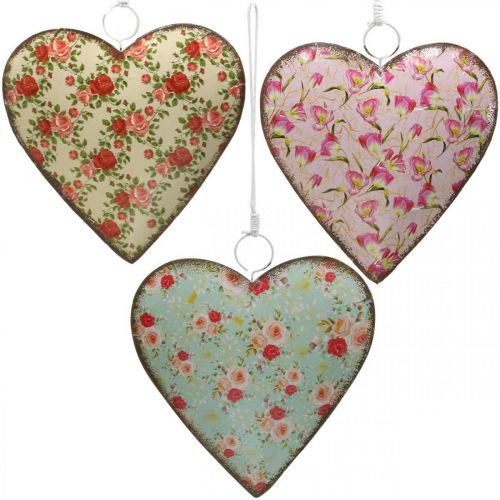 Floristik24 Srdce na zavesenie, Valentín, dekorácia srdca s ružami, Deň matiek, kovová dekorácia V16cm 3ks