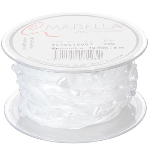 položky Organzová stuha na svadobnú dekoráciu biela 10 mm x 5 m so srdiečkami a perlami