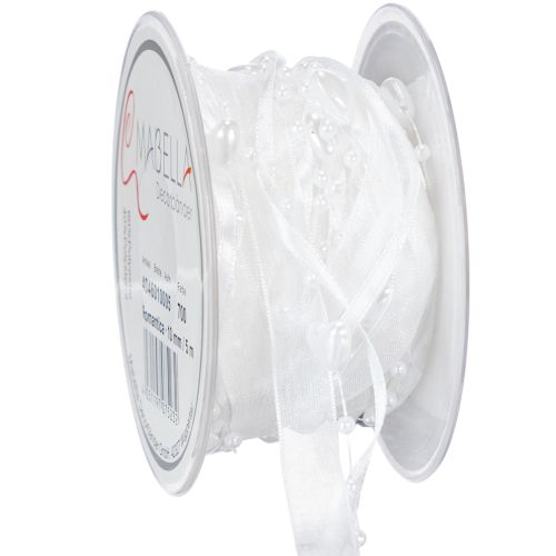 Floristik24 Organzová stuha na svadobnú dekoráciu biela 10 mm x 5 m so srdiečkami a perlami