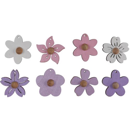 položky Drevená kvetinová dekorácia na zavesenie drevo fialová, ružová, biela 4,5cm 24ks