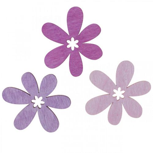 položky Drevené kvety rozptylová dekorácia kvety drevo fialová/fialová/ružová Ø4cm 72ks