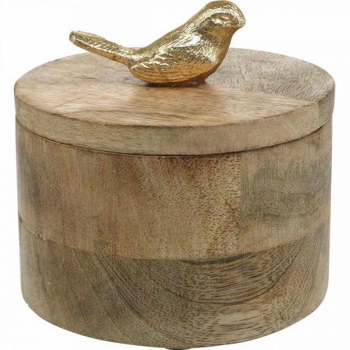 Floristik24 Šperkovnica s vtáčikom, pružina, deko krabička z mangového dreva, pravé drevo prírodné, zlatá V11cm Ø12cm