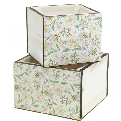 Floristik24 Debničky na sadenie, drevená dekorácia, dekoratívna krabička s včielkami, jarná dekorácia, shabby chic L15/12cm H10cm sada 2ks