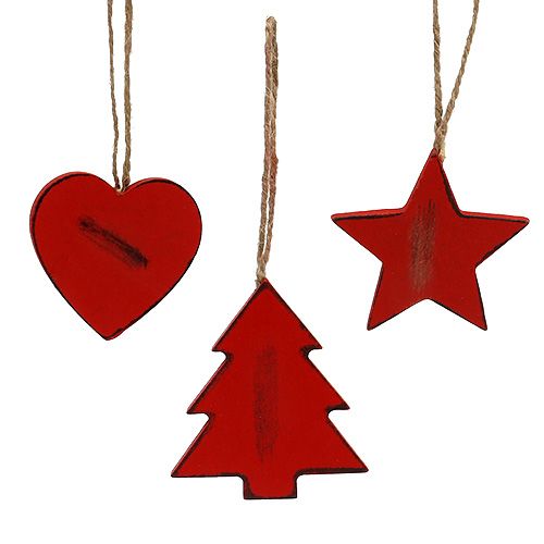 Floristik24 Drevený vešiak hviezda, srdce, vianočný stromček červený 6 kusov