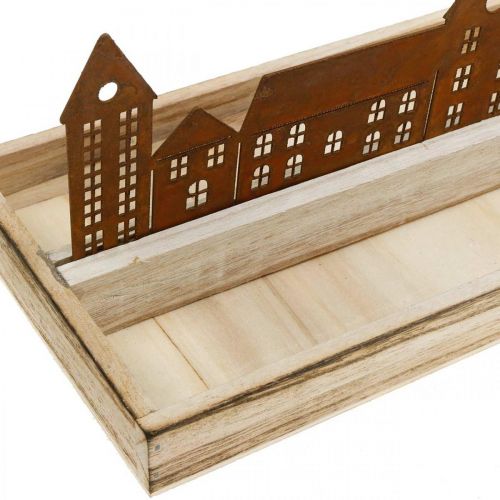 položky Dekoračný podnos drevený obdĺžnikový s patinou domčekov 35×15cm