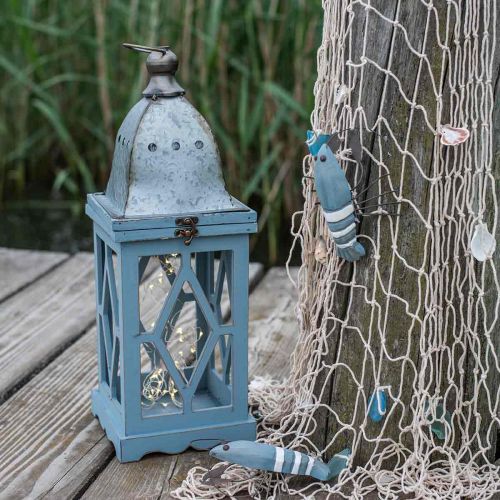 položky Drevený lampáš s kovovou dekoráciou, ozdobný lampáš na zavesenie, záhradná dekorácia modro-strieborná V51cm