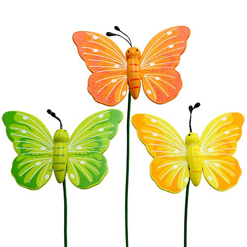 Drevené motýliky na paličke 3 farby triedené 8cm 24ks