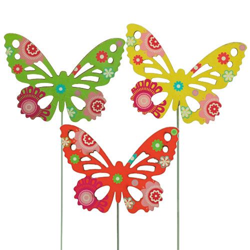 Floristik24 Drevené motýle na palici rôznych farieb 9 cm