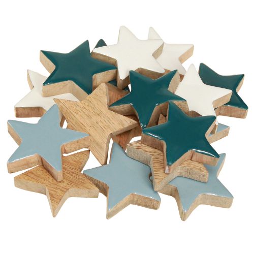 položky Drevené hviezdy na stôl, dekorácia hviezdičiek, biela, modrá, tyrkysová 5 cm, 12 kusov
