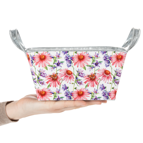 položky Jarná kvetinová krabička Jardiniera, kovová dekorácia 20×12,5×10 cm