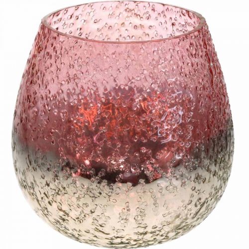 Floristik24 Sklenený lampáš, svietnik na čajovú sviečku, stolová dekorácia, sklo na sviečku ružové/strieborné Ø15cm V15cm