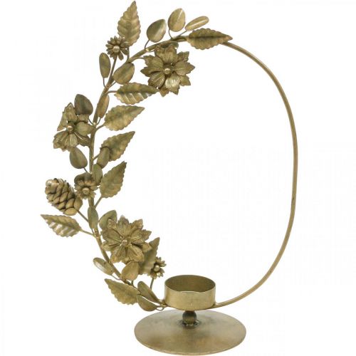 Floristik24 Svietnik na čajovú sviečku zlatá deko slučka kvetinové šišky V29,5cm