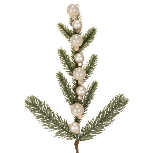 Umelá jedľová vetvička s bielymi mini vianočnými guľôčkami, 46 cm, 2 kusy