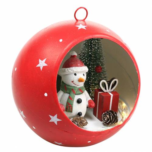 Floristik24 Vianočná guľa na zavesenie snehuliaka a LED červená Ø14cm Na batérie