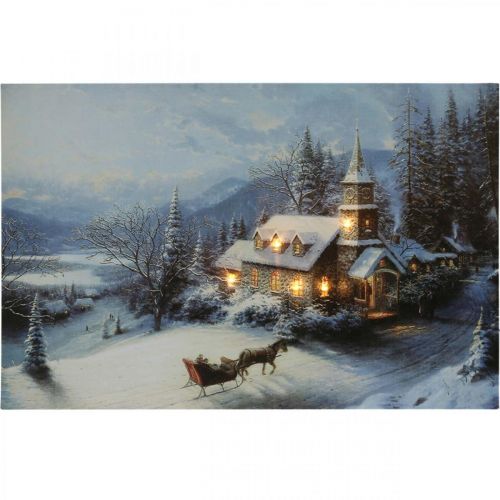 položky LED obraz Vianočná zimná krajina s kostolom LED nástenná maľba 58x38cm