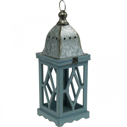 Drevený lampáš s kovovou dekoráciou, ozdobný lampáš na zavesenie, záhradná dekorácia modro-strieborná V51cm