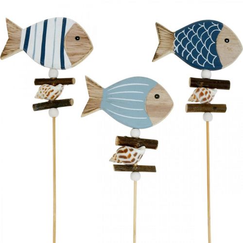 Floristik24 Námorné ozdobné zátky, rybičky a mušle na paličke, morská dekorácia, drevené rybičky 6 kusov