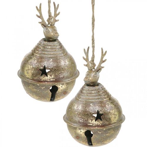 položky Kovové zvončeky s ozdobou sobov, adventná dekorácia, vianočný zvonček s hviezdami, zlaté zvončeky starožitný vzhľad Ø9cm V14cm 2 kusy