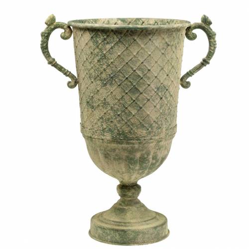 Floristik24 Ozdobný pohár s diamantovým vzorom starožitný vzhľad kovová machovo zelená Ø24,5cm V45cm
