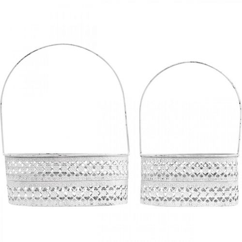 Floristik24 Kovový kôš oválny, ozdobná nádoba na výsadbu biela, strieborná vintage vzhľad L17/22cm H25/28cm sada 2ks